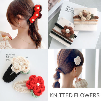 We have cute and warm knitted flower hair accessories in stock. 