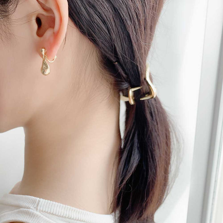 №848 ツインメタルドロップ 雫 変形リングピアス CZティアドロップ 